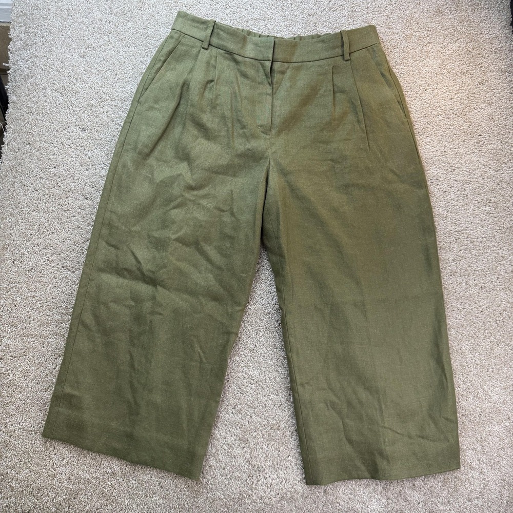 J Crew Pants Womens 12 Green Linen Wide Leg Pleated Elastic Waist Pockets Crop